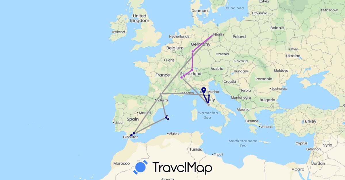 TravelMap itinerary: driving, plane, train in Switzerland, Germany, Spain, France, Italy (Europe)